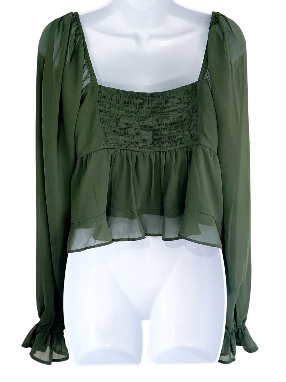 ABERCROMBIE & FITCH Olive Green Smocked Babydoll Blouse Large Square Neck Top - Picture 3 of 8